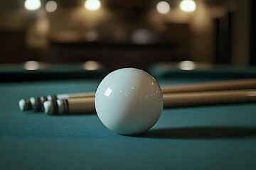 a white ball is lying on a billiard table with two cues