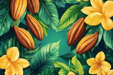 Wall Mural - A vibrant illustration of cocoa pods and yellow flowers surrounded by lush green leaves, showcasing nature's beauty.