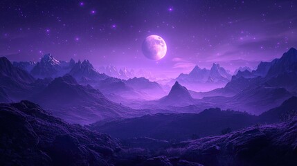 Wall Mural - A mystical night landscape with purple hues dominating the scene. The sky is filled with purple fireballs falling gently, with the full moon shining 