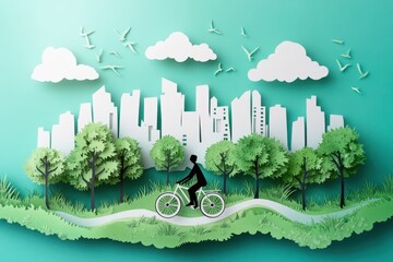 Wall Mural - Eco-Friendly Urban Planning: Paper Cut Style Bicycle Path in Modern City with Tree Lined Streetscape