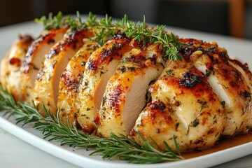 succulent roasted turkey with crispy golden skin garnished with herbs presented on a minimalist white platter