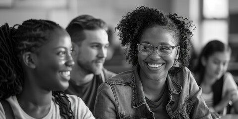 Canvas Print - A group of people laughing and smiling as they sit around a table, perfect for conveying joy and friendship