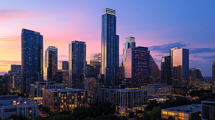 A vibrant city skyline at dusk, showcasing modern architecture and urban life.