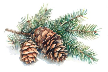 Poster - Watercolor illustration of pine cones arranged on a branch, suitable for decorating and design projects