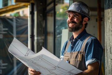 Poster - A construction worker holds a blueprint, planning the next project
