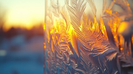 Wall Mural - Frosty window with intricate ice patterns illuminated by a warm sunset glow.