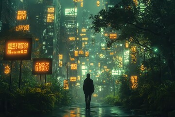 Sticker - surreal futuristic crossroads with holographic signs depicting a man choosing between a lush green ecofriendly path and a polluted industrialized route