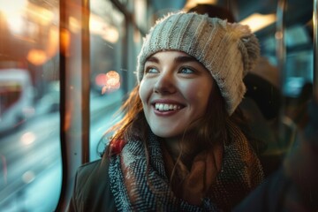 Poster - A happy woman sitting on a public transportation vehicle, enjoying the ride