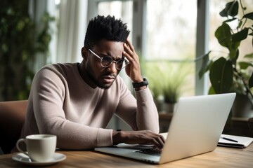 Canvas Print - African man in glasses with upset laptop computer worried.