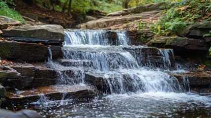 A serene waterfall cascading over rocky steps in a lush, green forest.