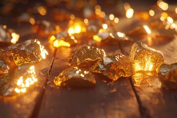Poster - A simple wooden table covered in a large number of ice cubes