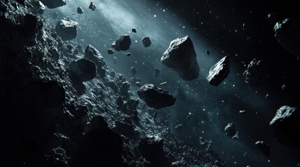 Wall Mural - a dramatic depiction of an asteroid field in space, showcasing celestial bodies and cosmic depth.