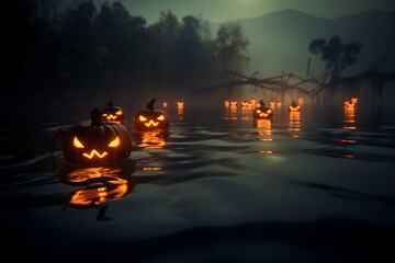 Glowing jack-o'-lanterns floating down a dark river at twilight, dim orange light reflecting on the water, eerie and magical mood, soft mist over the surface.