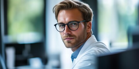 Poster - A focused young professional wearing glasses and a lab coat. He looks thoughtful and engaged. This image captures determination and expertise in a modern workspace. AI