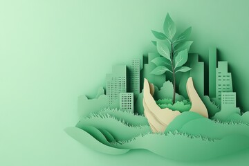 Wall Mural - Urban Nature Integration - Paper Cut Hand Holding Seedling with City Skyline Background for Climate Change Awareness