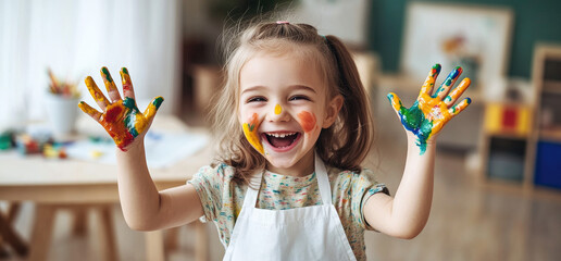 Canvas Print - A happy little girl with colorful paint on her hands and face is posing for the camera while holding up painted fingers