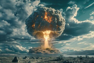 Canvas Print - a massive mushroom cloud rises into the air after an explosion or natural disaster, with potential u