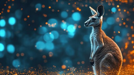 Wall Mural - A kangaroo sits against a vibrant, blurred background of blue and orange lights.