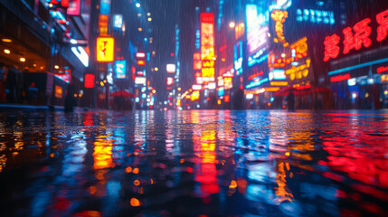 Aufkleber - a bustling city square, now quiet and reflective after a rainstorm,