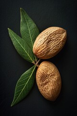 Poster - A pair of nuts with leaves attached, set against a dark background