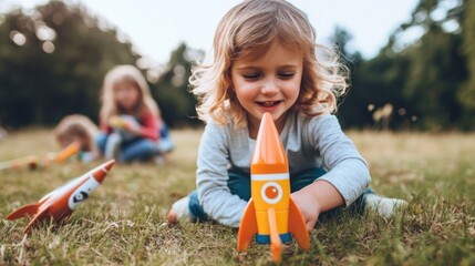 Wall Mural - A child joyfully plays with a toy rocket on a grassy field with friends in the background.