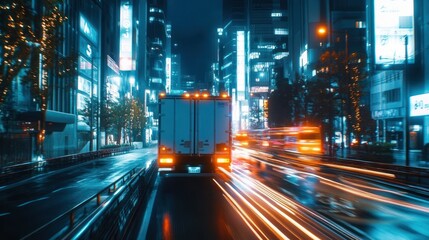 A night scene of a truck on a busy city street with vibrant lights and motion blur.