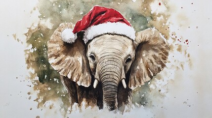 Elephant in a Christmas hat watercolor