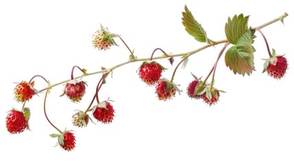 Poster - Fresh strawberries hanging from a green stem, ready to be picked