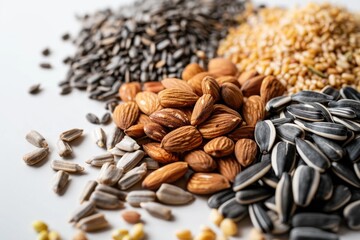 Poster - Assortment of nuts and seeds on a white background, great for food or nature-related concepts