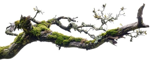Poster - A close-up of a moss-covered tree branch against a bright white sky