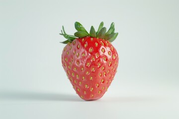 Poster - A single ripe strawberry sitting on a white background, surrounded by fresh green leaves