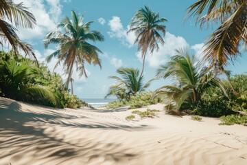 Poster - A sunny day at the beach with palm trees and sand, ideal for relaxation