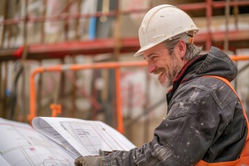 Poster - Man in hard hat studying architectural plans on site