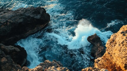 Aerial view of waves crashing against rocky coastline at sunset.