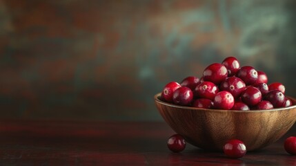 Wall Mural - A wooden bowl filled with fresh, vibrant cranberries against a textured background.