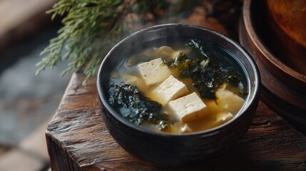 Poster - A steaming bowl of tofu soup with seaweed, served in a rustic wooden setting.