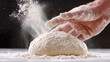 © MarkFinal - hand tossing pizza dough in the air, captured mid-spin, with flour dusting the surrounding area