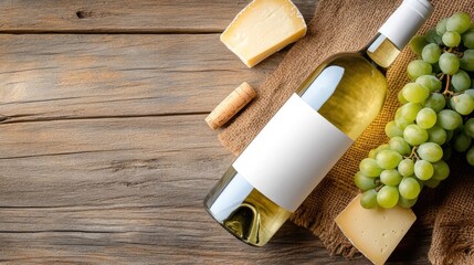 white wine bottle mock-up with a custom label, lying on a rustic wooden surface with grapes and cheese beside it