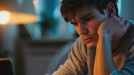 Wall Mural - A young man sitting in front of a laptop, focused on his work or studying