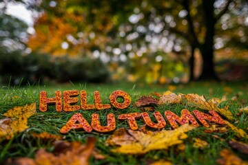 'hello autumn' written with colorful leaves on lush green grass, with a background of forest trees showing off their fall colors