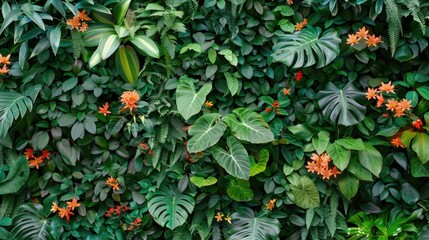 Canvas Print - Wall covered in lush green leaves and colorful flowers, ideal for home decor or nature-inspired designs