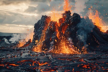Poster - A volcano erupts, spewing out hot lava into the air