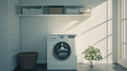 Wall Mural - Modern laundry room with a washing machine, organized shelves, and natural light illuminating the space during the morning hours