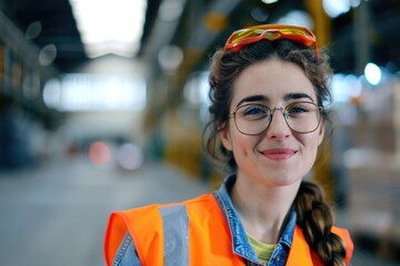 Poster - A woman wearing a safety vest and glasses, suitable for construction or work-related scenes