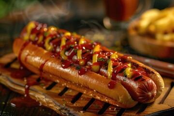 Canvas Print - A hot dog served with ketchup and mustard