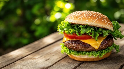 Poster - A delicious cheeseburger with lettuce and tomato on a wooden table in a natural setting.