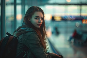 Wall Mural - A woman looks out the window while wearing a backpack, possibly preparing for a trip