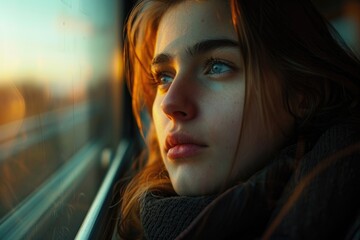 Poster - A person looking out the window of a moving train, possibly lost in thought or enjoying the scenery