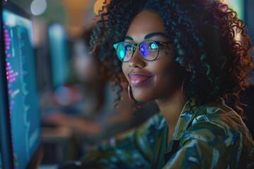 Wall Mural - A woman wearing glasses is focused on her computer screen, likely working or browsing