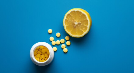 Pills and lemon slices with vitamin supplement on blue background